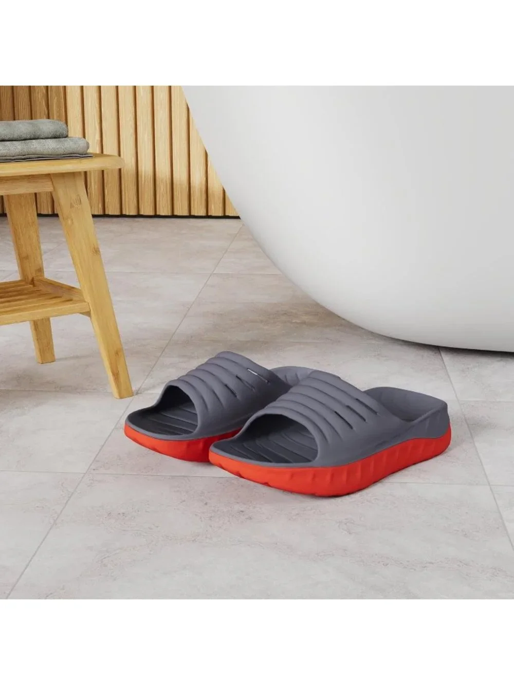 Men's Grey Red Sandals Orthotic Arch Support Open Toe Sport Slides Thick Cushion